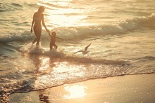 Golden Sunset Beach Scene With Mother And Child Playing In The Waves And A Seagull In Flight