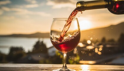 a glass of red wine being poured into a wine glass with a red liquid splashing out of the top