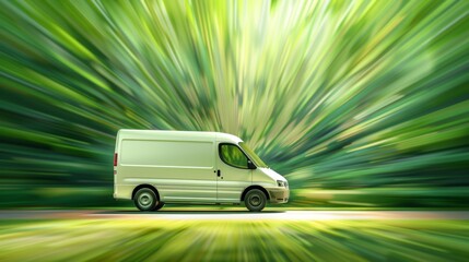 Wall Mural - A white van is seen driving down a street next to a forest, with motion blur indicating movement