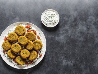 A plate of fish cakes with a side of tzatziki sauce and a glass of lemonade.