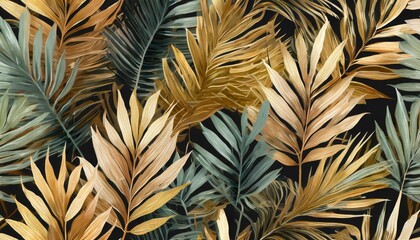 luxury seamless pattern pastel colorful tropical leaves exotic palm jungle foliage hand drawn vintage 3d illustration dark glamorous bright background wallpapers cloth fabric printing goods