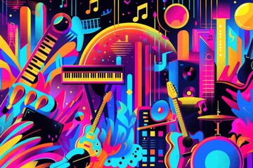 Kaleidoscopic illustration of music festival vibes, vibrantly capturing the essence of sound and rhythm