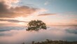 a tree protrudes through a sea of clouds in the sky showcasing a striking contrast between natures elements