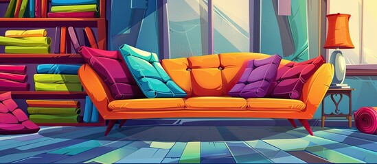 Canvas Print - An interior design featuring furniture such as a colorful couch and pillows in azure and aqua shades. The room is filled with leisure and relaxation vibes