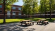 A clear day at a school campus, picnic tables lined up on vibrant green grass, waiting for students