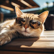 A Cat Relaxing On Deck Sunbathing With Shades On 
