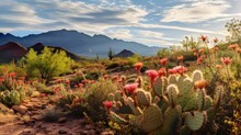 A Desert Landscape With Blooming Cacti And Wildflowers In Various Colors