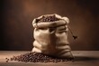 An old sack of coffee beans on a wooden floor, horizontal composition