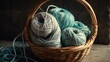 Vintage look photo depicting various hues of yarn balls nestled inside a woven basket