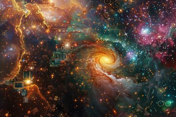Wall Mural - Abstract representation of a cosmic space merging with a circuit board, symbolizing technology and universe