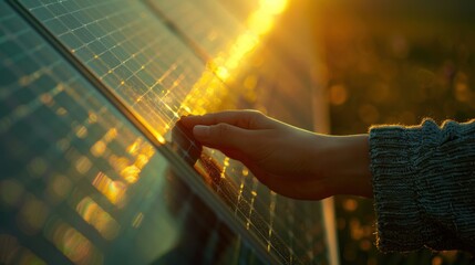 Wall Mural - close-up of a hand adjusting a photovoltaic panel