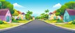 A cartoon illustration depicting a serene residential street with houses, trees, and green grass. The sky is dotted with fluffy clouds, and asphalt road surface runs through the thoroughfare