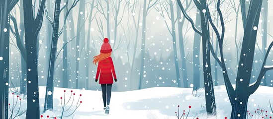 Poster - A lady in a crimson coat strolls through a freezing forest blanketed in snow, surrounded by tall trees and a serene natural landscape