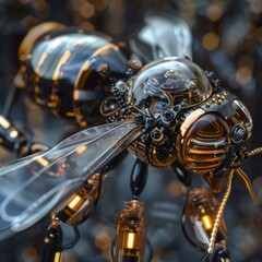 Wall Mural - A close up of a bee made out of metal and glass. Generative AI.