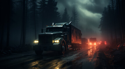 A semi-truck drives down a winding road through a forest at night. The truck's headlights illuminate the wet pavement, and the rain is falling heavily.