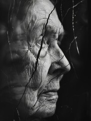 Sticker - A close up of an old woman looking through a cracked window. Generative AI.