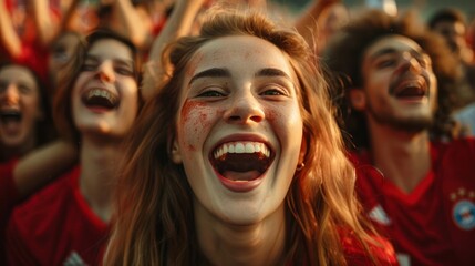 Red sports fans scream as they support their team from the stadium. Football supporters having fun at the event Champion and Victory Concept