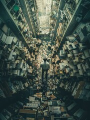 Poster - A man standing in a room filled with books and papers. Generative AI.