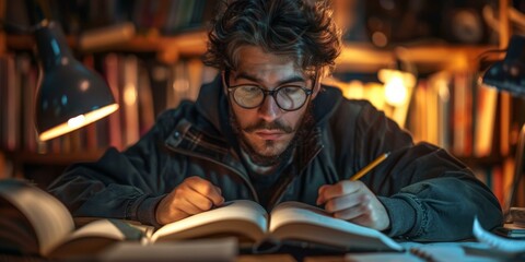 Canvas Print - A man with glasses writing in a book while sitting at desk. Generative AI.