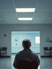 Canvas Print - A man sitting in a chair looking out of the window. Generative AI.