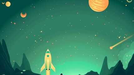 This playful image features a cartoon rocket launch into a star-filled sky, making a great banner with blank space for imagination