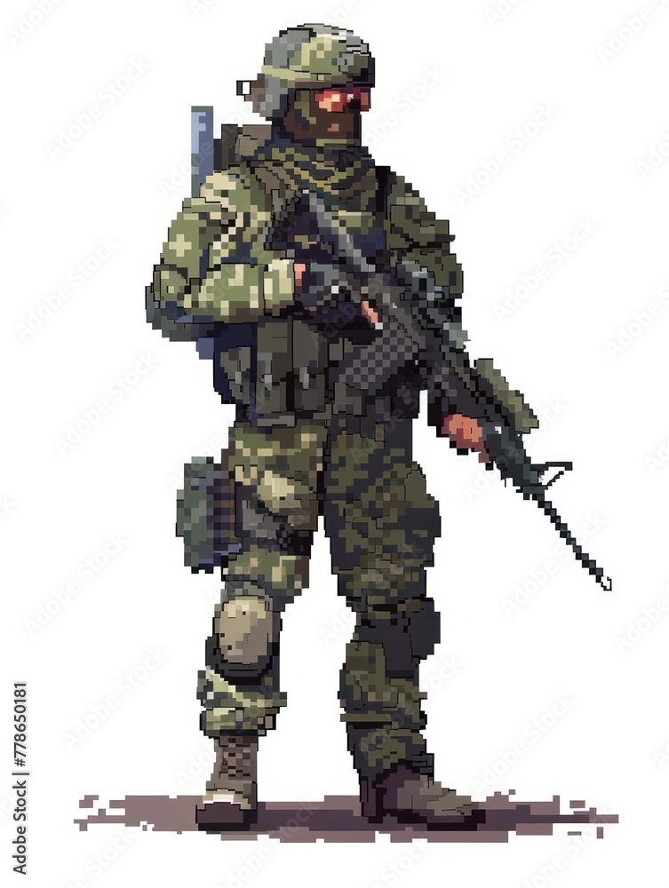 A digitally created pixel art depiction of a soldier kitted out in ...