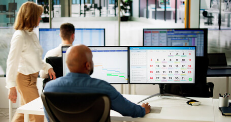 Poster - Businesspeople Analyzing Gantt Chart And Calendar