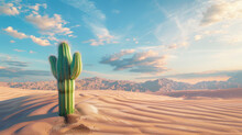 One Green Cactus In Middle Of A Sand Desert