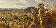 A group of meerkats standing on their hind legs, looking out over the desert landscape in southern Africa