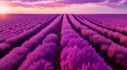 Wall Mural - Lavender field and blooming endless rows during beautiful dramatic sunset