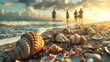 Friends Uncovering Unique Treasures: An Along a Seashell-Laden Beach at Sunset