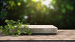 Rectangle stone podium platform with natural green vines creeper in backyard garden with shadow sunlight background. Nature and object for advertising concept