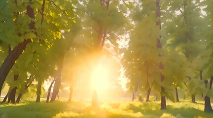 Wall Mural - Sunny sunset beautiful nature video background of flying poplar pollen and plenty of insects in air isolated on green trees background