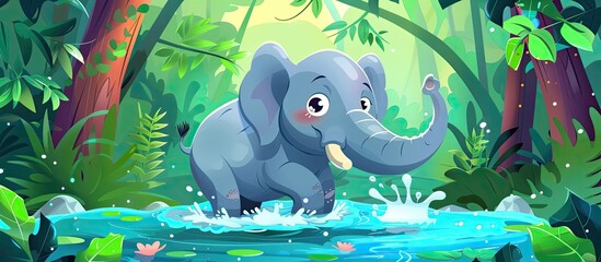 Canvas Print - An elephant is enjoying a leisurely splash in the green waters of a pond surrounded by lush nature and towering trees in the jungle