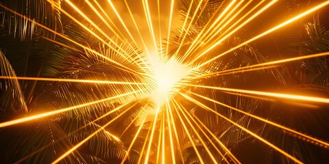 Poster - Brilliant Yellow Neon Sunburst Radiating Light in a Tropical Palm Tree Setting with Copy Space for Text or Design