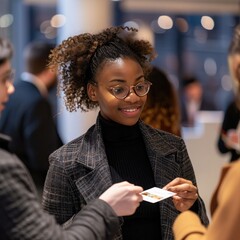 Poster - An employee attending a networking event, exchanging business cards with other professionals. 
