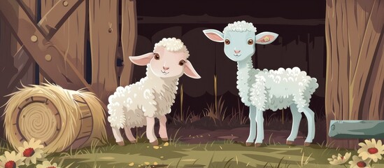 Sticker - Two sheep are grazing peacefully next to a barn, under the warm light of the sun. Their soft wool shines against the green grass, creating a serene scene in the rural landscape