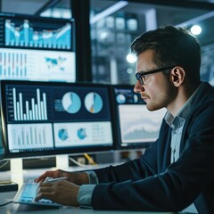 Poster - An employee conducting market research, analyzing data on a computer screen. Job