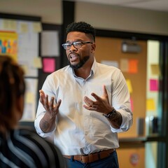 Poster - An employee leading a workshop on leadership skills, engaging participants in activities. Job
