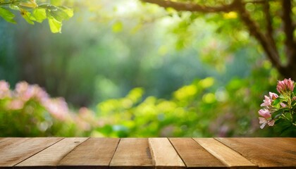 Wall Mural - Simplicity in Nature: Empty Wooden texture Desk with Ample Copy Space Amidst Vibrant Spring and Summer wallpaper background