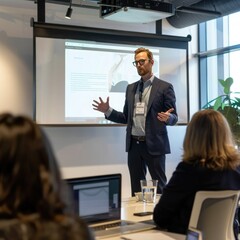 Wall Mural - An employee making a presentation to company executives, using a projector to display slides. Job 