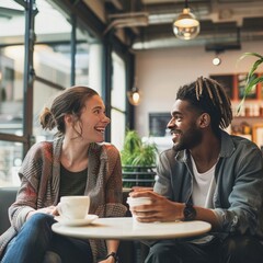 Poster - A pair of employees engaged in a friendly conversation during a coffee break. Job 