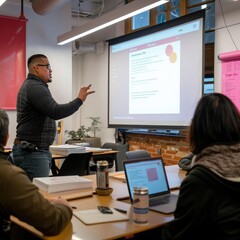 Poster - An employee giving a training session to new hires, using a projector to display slides. Job