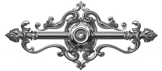 Poster - A monochrome photo of a metal fashion accessory, featuring a symmetrical pattern of circles and symbols on a white background