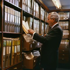 Poster - An employee organizing files and documents in a filing cabinet. Job