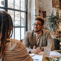 Poster - An employee conducting interviews with job candidates in a professional setting. Job 