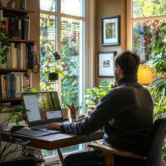 Poster - An employee working remotely from a home office, using a laptop and video conferencing software. Job 