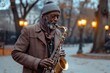 Passionate African American musician playing the saxophone with soul in a serene park on a sunny day