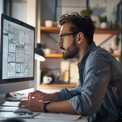 Poster - An employee working on a design project using specialized software on a computer. Job