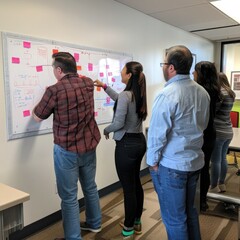 Poster - A team of employees gathered around a whiteboard, mapping out strategies. Job